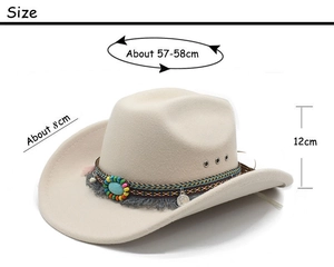 Detail of cream western cowboy hat with turquoise beads, tassels and size dimensions