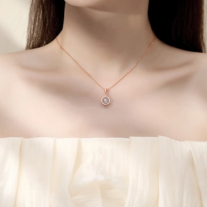 Elegant rose gold S925 silver necklace with dancing round blue zircon pendant for women