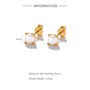 Classic S925 sterling silver 4mm pearl stud earrings with minimalist gold-plated setting