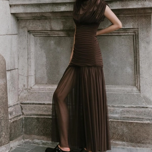 Mesh Ruched Maxi Dress Mock Neck Sleeveless Slim Fit Sexy Sheer Patchwork Long Bodycon Party Women Elegant
