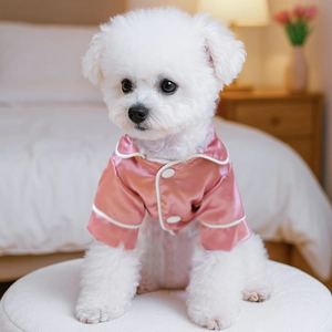 Pink satin pet pajamas with white piping and buttons shown on a Bichon dog