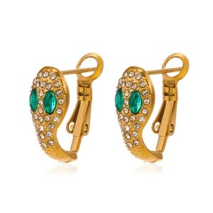 Boucles d'oreilles serpent dorées avec cristaux blancs et pierres émeraude en or 18K