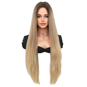 Long straight blonde wig with middle part and brown gradient for women, natural sleek look