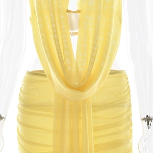 Detail of yellow backless mesh top with ruching and adjustable tie closure design