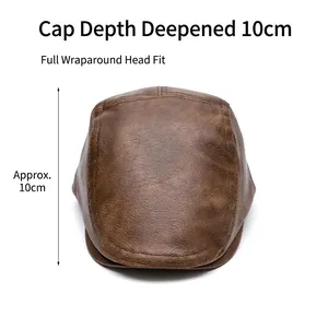 Vintage brown faux leather flat cap for men and women with 10cm depth and warm lining