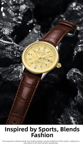 Detail of waterproof men's gold watch dial with dual calendar on textured dark rock
