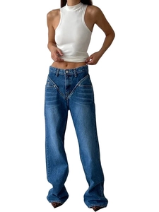 Women's high waist wide leg blue jeans with V-shaped stitching and white slim top