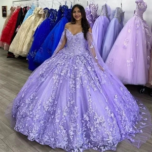 Lavender purple off-shoulder ball gown dress with 3D butterfly appliques and matching tulle cape