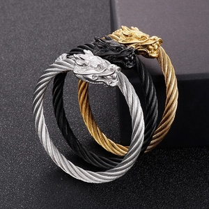 Bracelet câble tête de dragon punk pour homme en acier inoxydable argenté, doré et noir