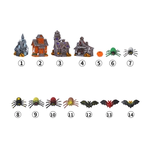 Set of 14 miniature Halloween resin figurines including haunted houses, spiders, and bats