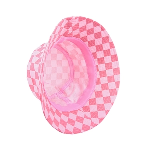Ροζ καρό καπέλο bucket με φαρδύ γείσο, γλυκό casual στυλ για αντηλιακή προστασία