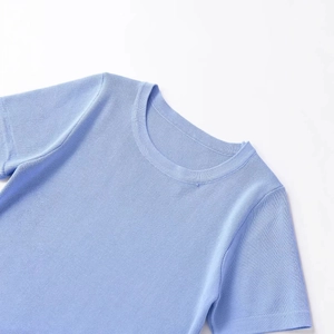 Slim fit soft touch light blue crew neck knit short sleeve t-shirt for women