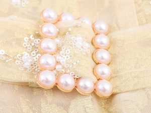 Detailed close-up of a golden rectangular buckle with pearls on sequined mesh fabric