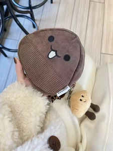 Cute brown cartoon chestnut pouch in corduroy and plush with a small doll charm