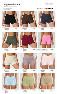 Detail view of V-shaped high waist yoga shorts with side pockets in 12 vibrant colors