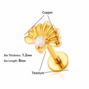 Golden shell piercing stud with zircon inlay and F136 titanium post in 1.2x8mm size