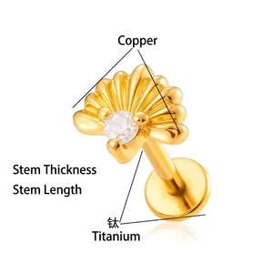 Golden shell piercing stud with zircon inlay and F136 titanium post in 1.2x8mm size