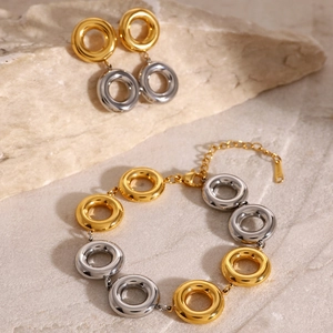 Two-tone 18k gold and silver stainless steel interlocking circle earrings and bracelet set
