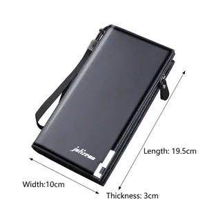 Men's black long leather clutch wallet with wristlet strap and zip closure (19.5x10x3cm)