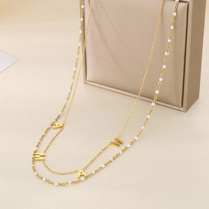 Golden double-layer twist chain necklace with MAMA letters and white beads for Mother's Day