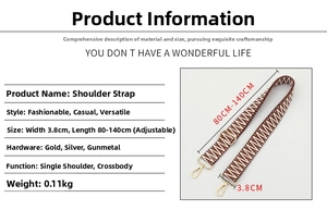 Detail view of ethnic 3.8cm wide woven strap with golden hooks and size specifications