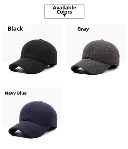 Three colors of men's winter baseball hats in black, grey, and navy blue wool fabric