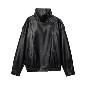 Damen Kunstlederjacke Stehkragen Langarm Litchi Struktur Moto Biker Stil Lässig Outwear Schwarz
