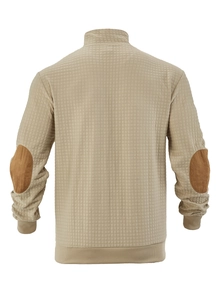Detail of khaki men's quilted sweatshirt featuring brown elbow patches on sleeves