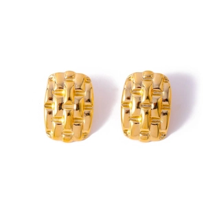 French vintage style gold titanium steel geometric square earrings with woven pattern