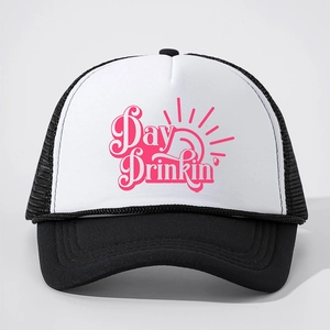 Retro black and white trucker hat with pink Day Drinkin' text print and mesh back