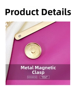 Detail of gold magnetic clasp on fuchsia leather evening bag with chain strap