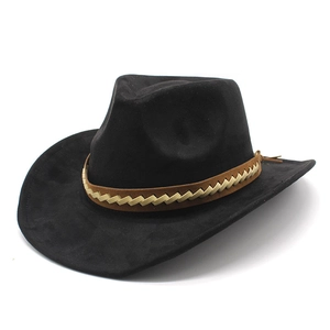 Classic black wool felt western cowboy hat with brown braided leather band for men and women