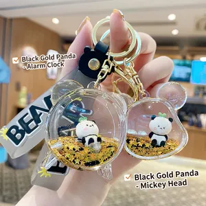 Porte-Clés Panda Dessin Animé Sables Mouvants Liquides Pendentif Sac Acrylique Avec Sangle Silicone Et Paillettes Étoiles Dorées