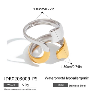 Macro view of two-tone stainless steel ring detailing inner diameter and size specs