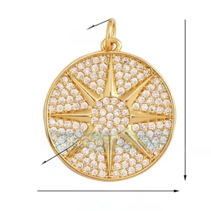 Detail of 20mm gold-tone starburst charm with white cubic zirconia and size dimensions