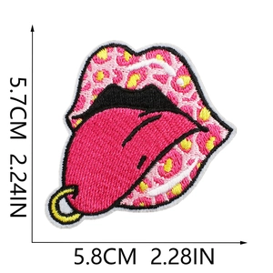 Detail view of leopard print lips embroidery patch with measurements 5.7x5.8cm