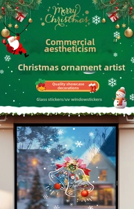 Detail of UV printed Christmas window stickers featuring bells, deer and snowflakes