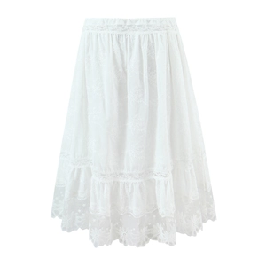 Jupe longue blanche en dentelle brodée avec volants étagés et motifs floraux élégants