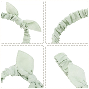 Light green silk-like rabbit ear headband with elastic pleated design for women