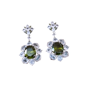 Vintage palace style earrings with green oval gemstone and pear cut zircon flowers