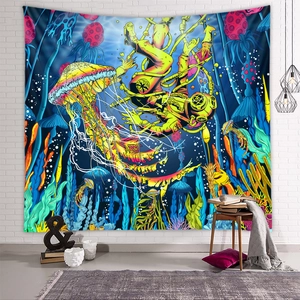 Astronaut jellyfish underwater world tapestry hanging on a white brick wall for room decor