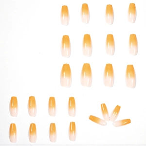 Orange gradient long coffin press-on nails with shiny finish and 24-piece full set display