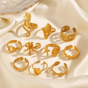 Stainless Steel Ocean Theme Ring Gold Plated Open Adjustable Seahorse Shell Starfish Beach Vacation Jewelry For Women
