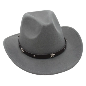 Detail of grey western cowboy hat featuring black belt and silver star metal rivets