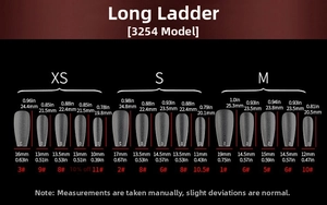 Detailed size chart for pink plaid press-on nails with pearl and bow designs for XS, S, M
