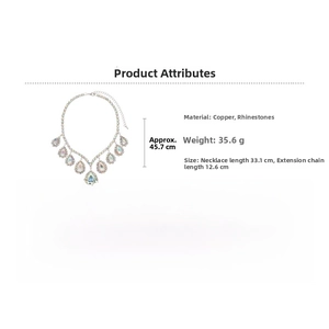 Detail view of rhinestone teardrop necklace with measurement of 33.1cm and 12.6cm tail chain