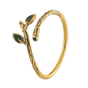 Minimalist branch ring with green enamel leaves in vintage gold finish for women