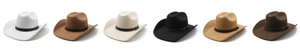 Detailed row of felt cowboy hats in six colors including brown, black, and beige with belts