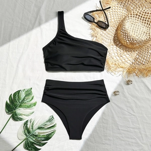 Detailed view of black one shoulder bikini set with high waist ruched swim bottom