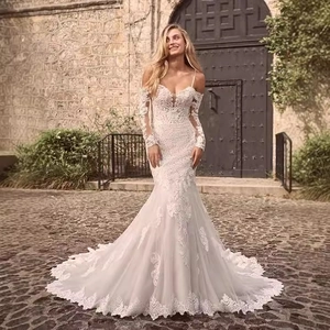 Elegant off-shoulder lace mermaid wedding dress with long sleeves and floor-length tulle train